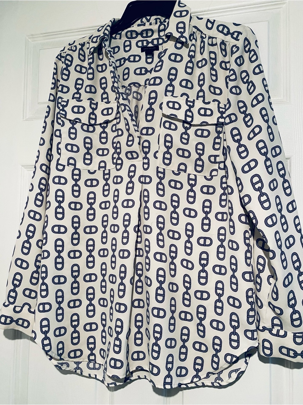 Ann Taylor White Blouse with Navy Chain Print